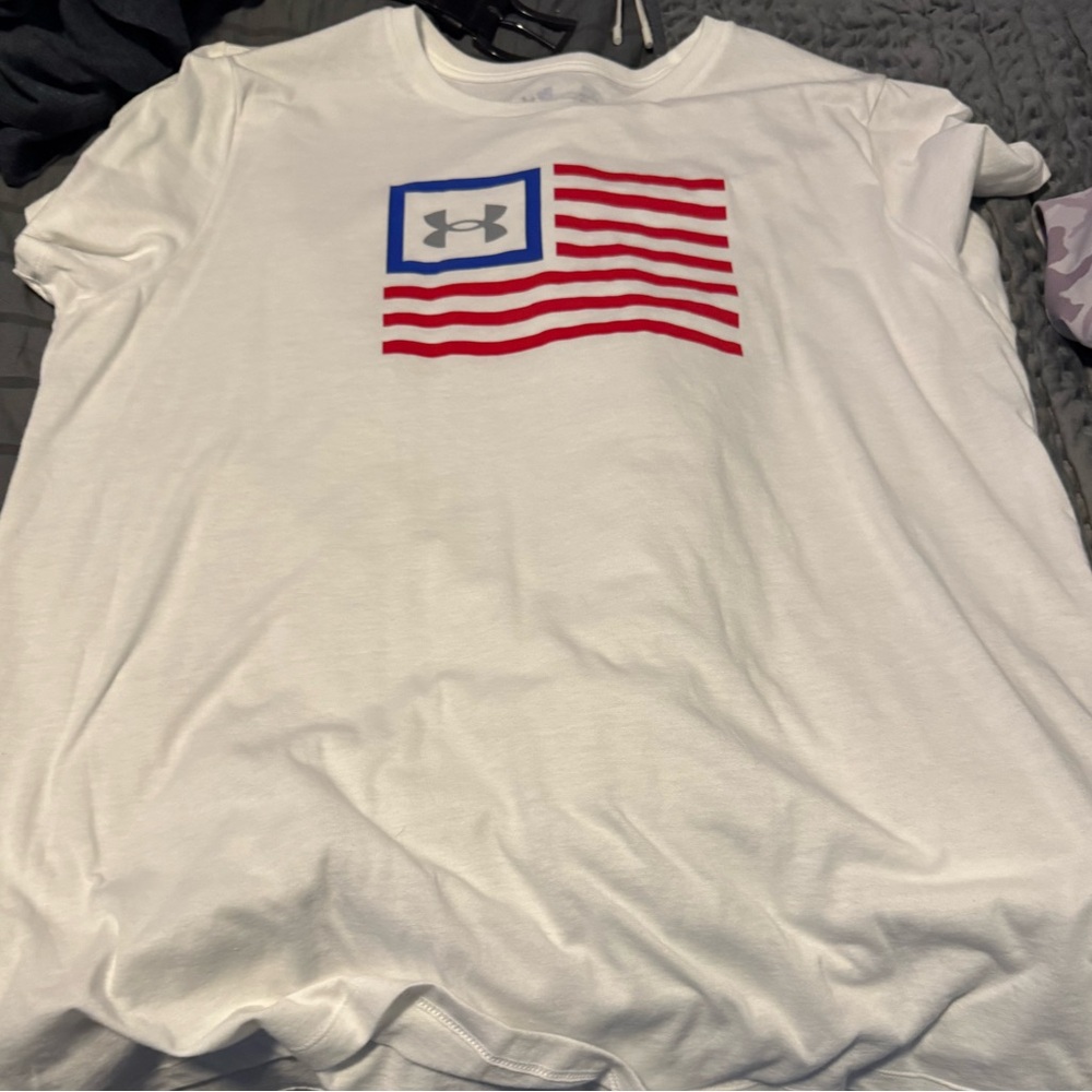 Under Armour White T-Shirt with Red and Blue Flag Design